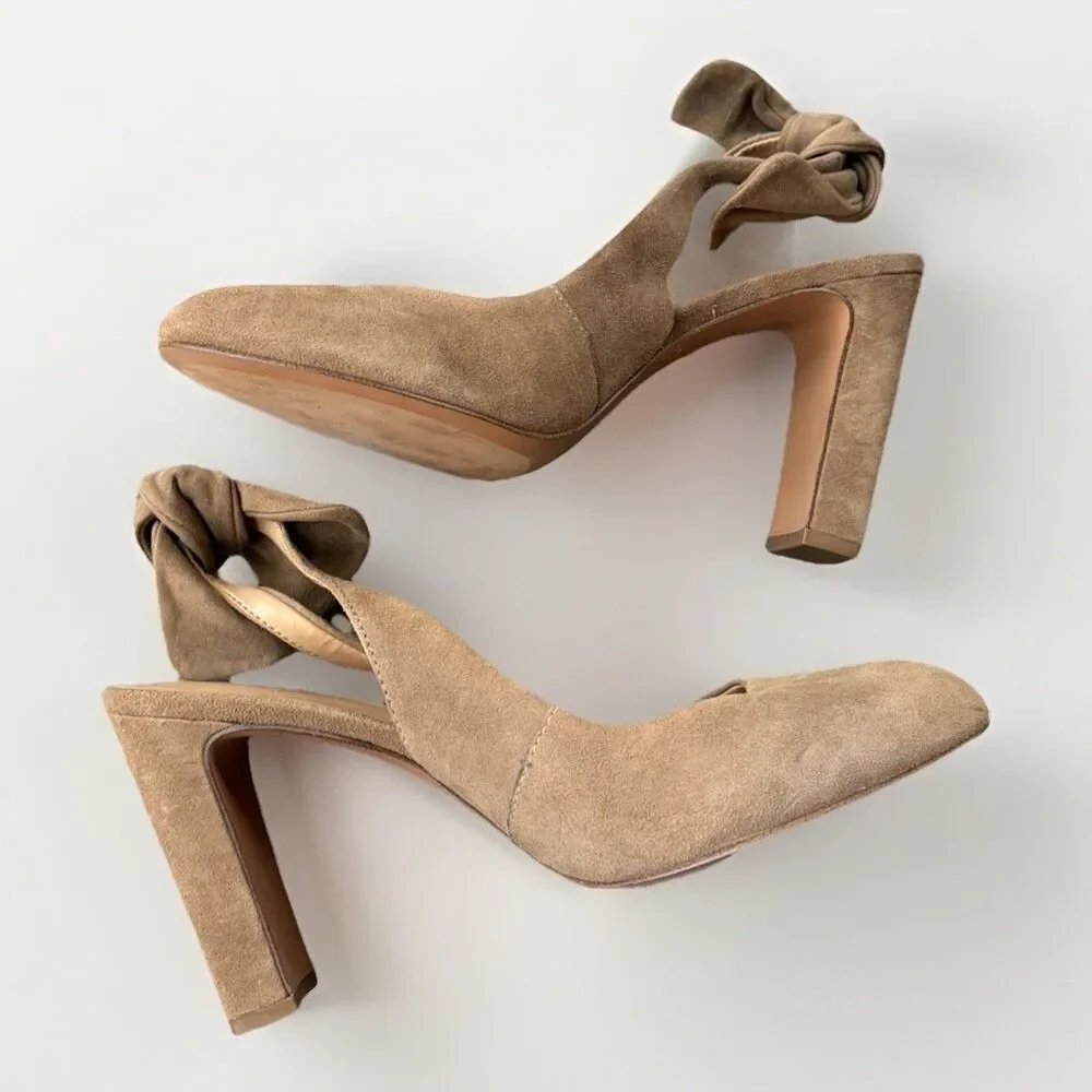 Banana Republic Tan Suede Bow Slingback Heels Almond Toe Block Heel Pump Size 8